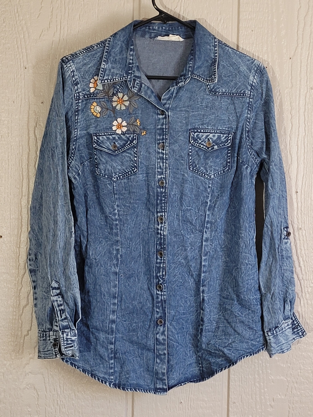 Embroidered Blue Denim Button-Down Shirt